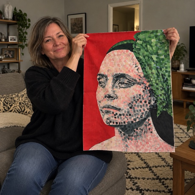 Recipient holding her delivered portrait painting